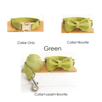 Velvet Plain Engraved Bow Tie Dog Collar Set