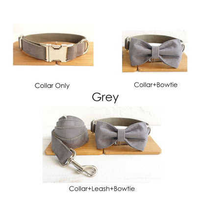 Velvet Plain Engraved Bow Tie Dog Collar Set