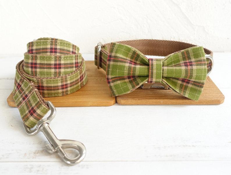 BRITISH Plaid Green Dog Collar Set