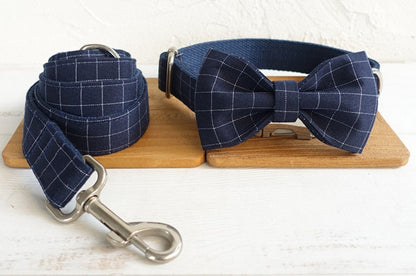 BLUE GREY PLAID Personalised Dog Collar Set