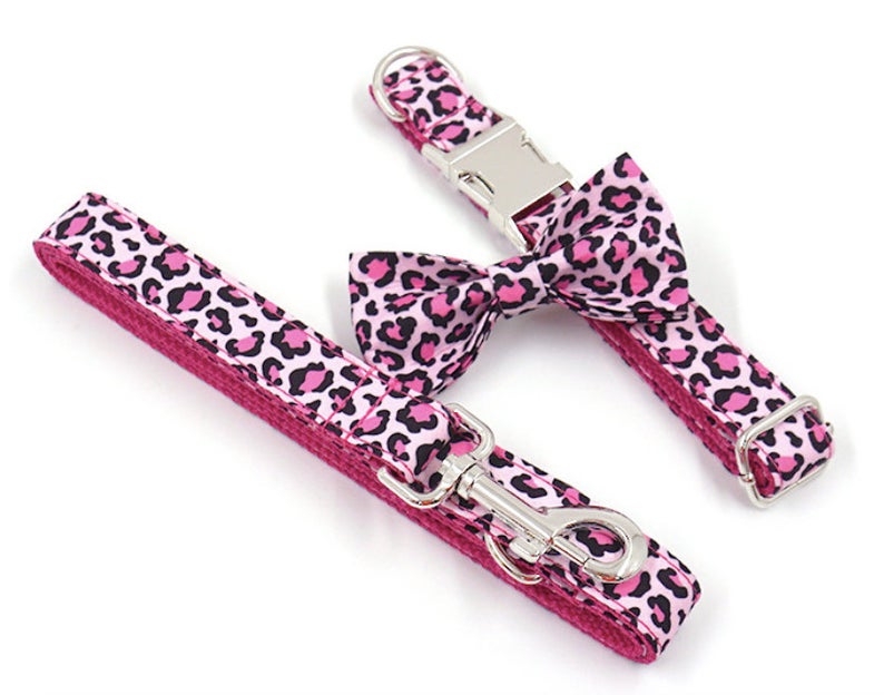 Personalised Pink Leopard Dog Collar Set
