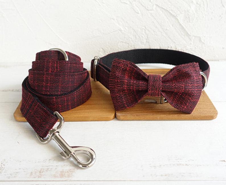 Personalised Bow Tie BLACK/RED SUIT Dog Collar Set