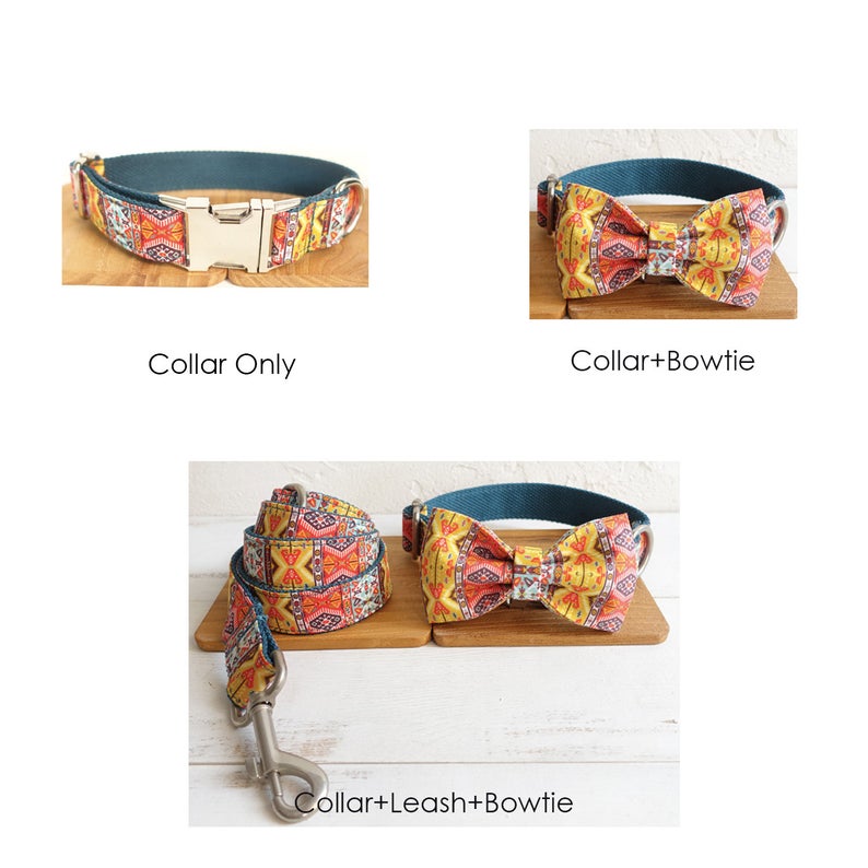 Bohemian Personalised Bow Tie Dog Collar Set