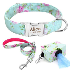 Blue Floral Engraved Dog Collar
