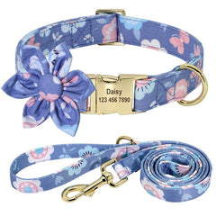Pink Daisy Custom Engraved Dog Collar Set