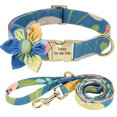 Pink Daisy Custom Engraved Dog Collar Set