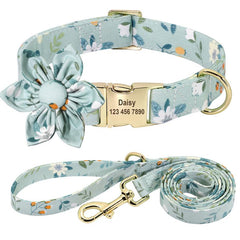 Pink Daisy Custom Engraved Dog Collar Set