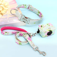 Blue Floral Engraved Dog Collar