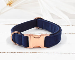 Personalized White, Blue, Grey Blue and Dark Blue Velvet Boy Dog Collar with Engraved Name, Bowtie, Leash, Poop Bag Holder and Airtag Holder