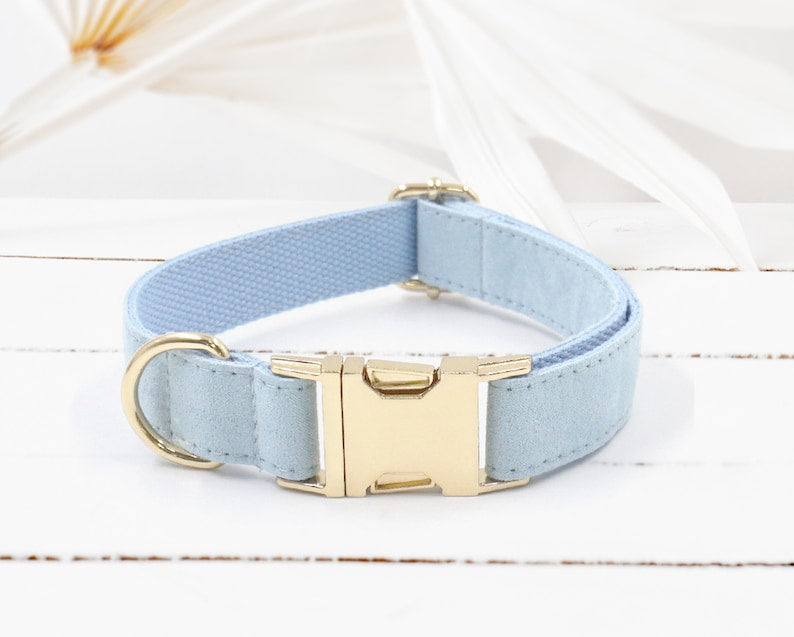 Personalised White, Blue, Grey Blue and Dark Blue Velvet Boy Dog Collar with Engraved Name, Bowtie, Leash, Poop Bag Holder and Airtag Holder