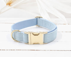 Personalized White, Blue, Grey Blue and Dark Blue Velvet Boy Dog Collar with Engraved Name, Bowtie, Leash, Poop Bag Holder and Airtag Holder