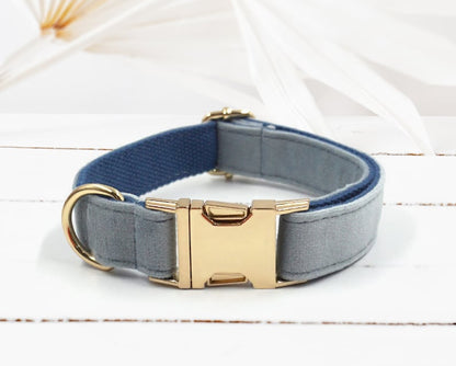 Personalised White, Blue, Grey Blue and Dark Blue Velvet Boy Dog Collar with Engraved Name, Bowtie, Leash, Poop Bag Holder and Airtag Holder