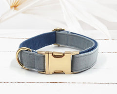 Personalized White, Blue, Grey Blue and Dark Blue Velvet Boy Dog Collar with Engraved Name, Bowtie, Leash, Poop Bag Holder and Airtag Holder