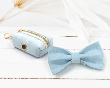 Personalised White, Blue, Grey Blue and Dark Blue Velvet Boy Dog Collar with Engraved Name, Bowtie, Leash, Poop Bag Holder and Airtag Holder