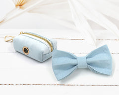 Personalized White, Blue, Grey Blue and Dark Blue Velvet Boy Dog Collar with Engraved Name, Bowtie, Leash, Poop Bag Holder and Airtag Holder