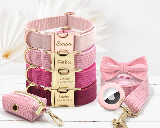 Personalised Velvet or Corduroy Pink Girl Puppy Dog Collar with Matching Bowtie, Leash, Poop Bag Holder, and Airtag Holder