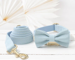 Personalized White, Blue, Grey Blue and Dark Blue Velvet Boy Dog Collar with Engraved Name, Bowtie, Leash, Poop Bag Holder and Airtag Holder