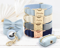 Personalized White, Blue, Grey Blue and Dark Blue Velvet Boy Dog Collar with Engraved Name, Bowtie, Leash, Poop Bag Holder and Airtag Holder