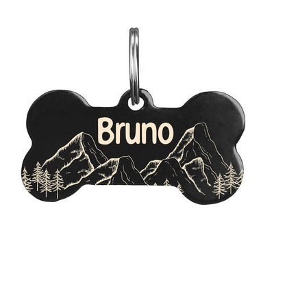 Custom Bone-Shaped Dog Tag with Mountain and Floral Pattern - Personalised Pet ID Tag with Unique Design