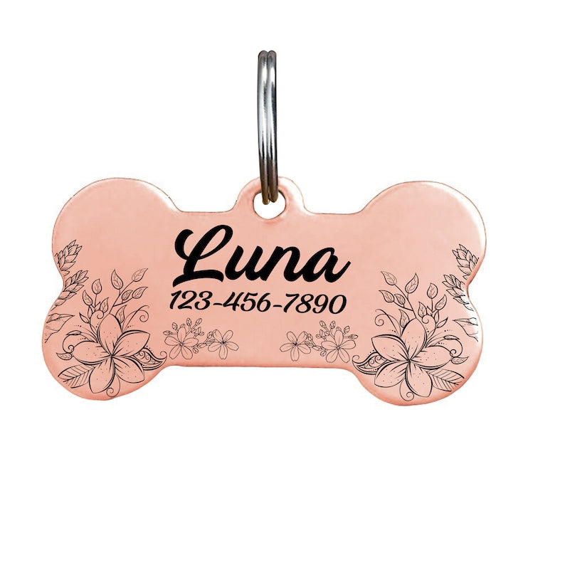 Custom Bone-Shaped Dog Tag with Mountain and Floral Pattern - Personalised Pet ID Tag with Unique Design