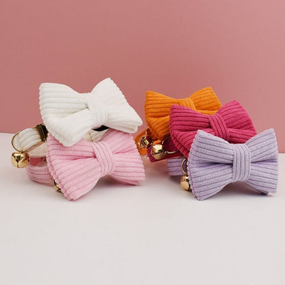 Personalised Corduroy Cat and Small Dog Collar Set with Bow Tie - Pink, White, Orange Free Engraved Name - Perfect Pet Gift