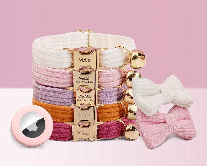 Personalised Corduroy Cat and Small Dog Collar Set with Bow Tie - Pink, White, Orange Free Engraved Name - Perfect Pet Gift
