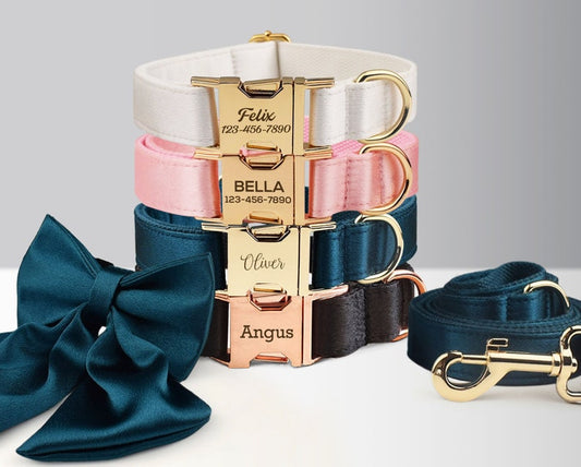 Luxurious Silky Wedding Dog Collar - Personalised with Name - White, Pink, Emerald Green or Black, Detachable Sailor Bowtie