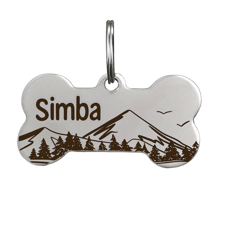 Custom Bone-Shaped Dog Tag with Mountain and Floral Pattern - Personalised Pet ID Tag with Unique Design