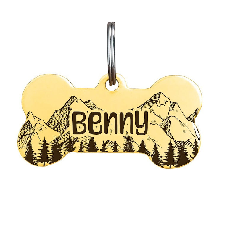 Custom Bone-Shaped Dog Tag with Mountain and Floral Pattern - Personalised Pet ID Tag with Unique Design