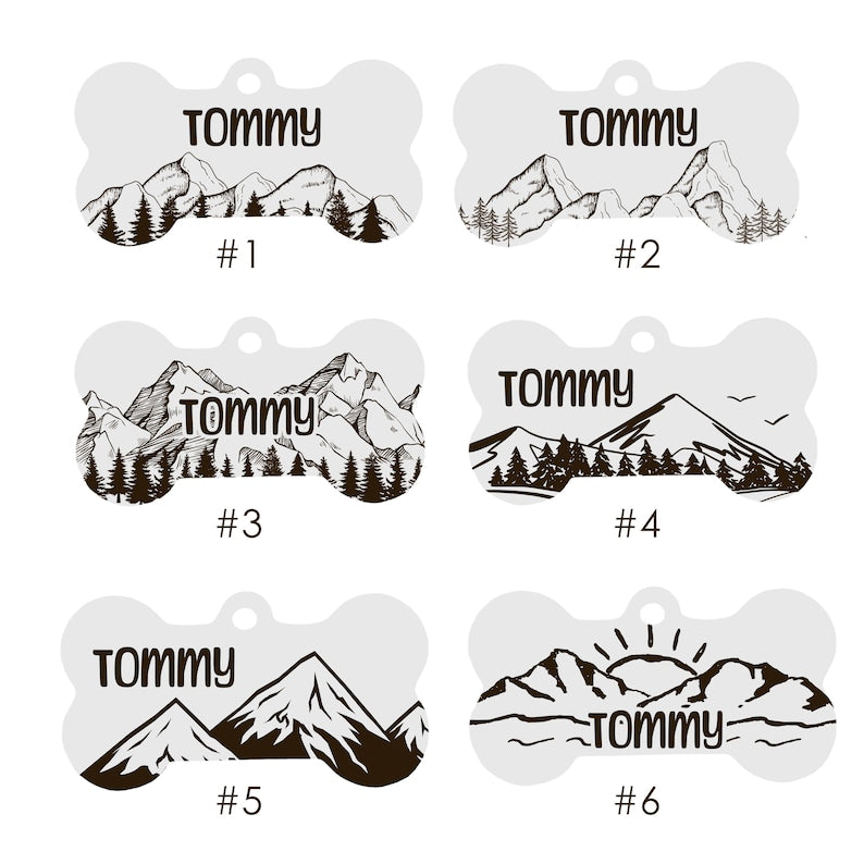 Custom Bone-Shaped Dog Tag with Mountain and Floral Pattern - Personalised Pet ID Tag with Unique Design