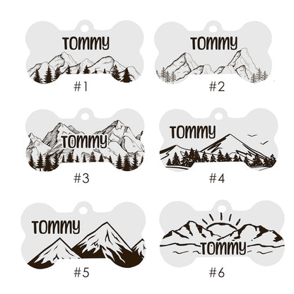 Custom Bone-Shaped Dog Tag with Mountain and Floral Pattern - Personalised Pet ID Tag with Unique Design