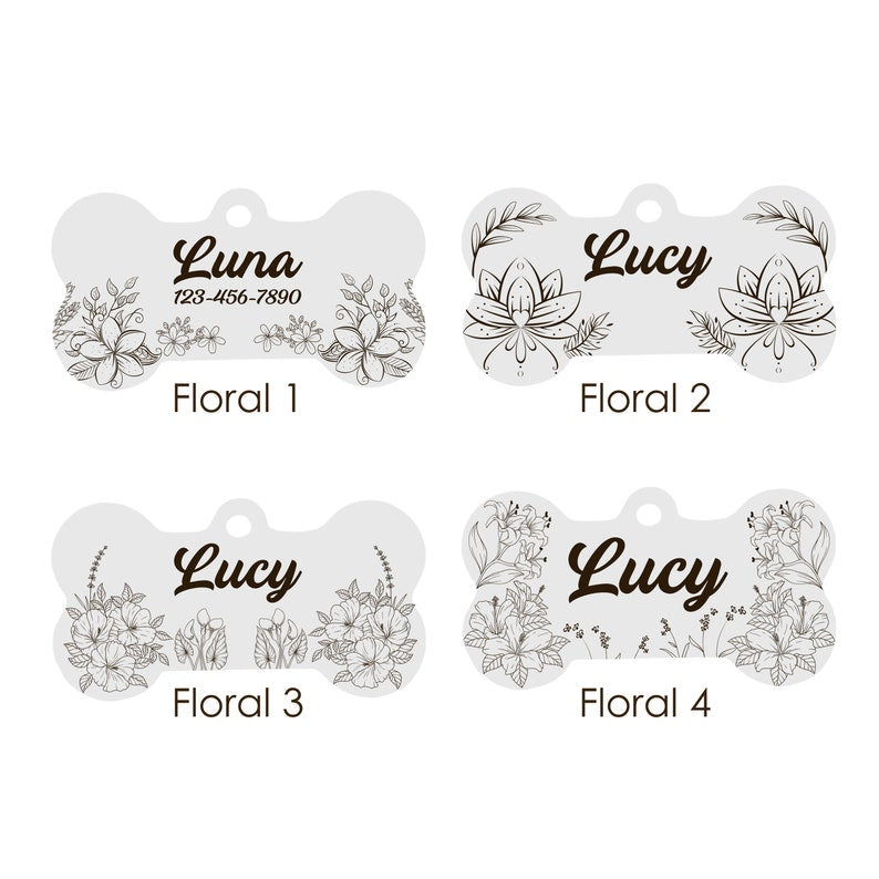 Custom Bone-Shaped Dog Tag with Mountain and Floral Pattern - Personalised Pet ID Tag with Unique Design