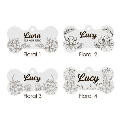 Custom Bone-Shaped Dog Tag with Mountain and Floral Pattern - Personalised Pet ID Tag with Unique Design
