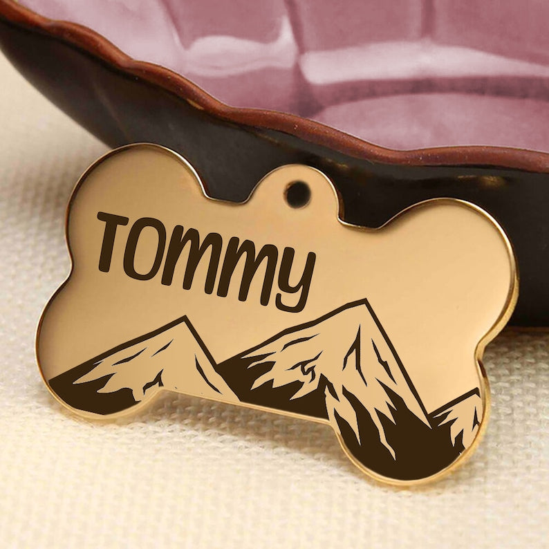 Custom Bone-Shaped Dog Tag with Mountain and Floral Pattern - Personalised Pet ID Tag with Unique Design