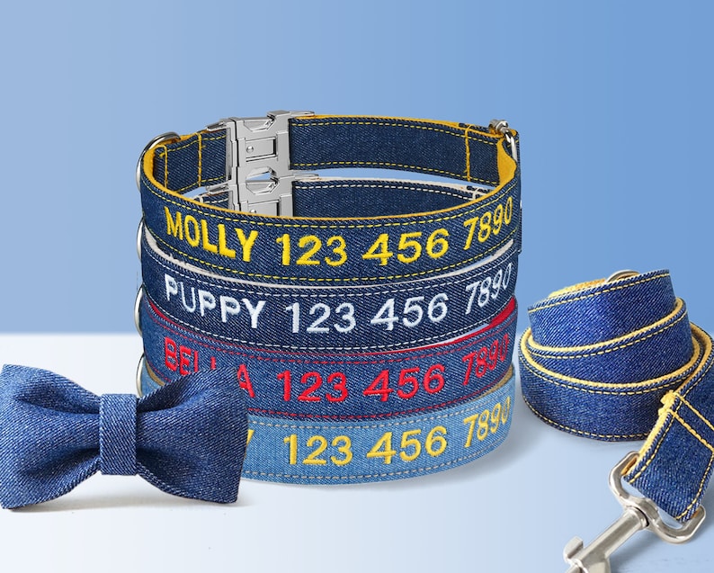 Personalized Embroidered Handmade Denim Dog Collar, Customizable with Name and Number, Optional Detachable Bowtie, Matching Leash Set