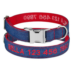 Personalized Embroidered Handmade Denim Dog Collar, Customizable with Name and Number, Optional Detachable Bowtie, Matching Leash Set