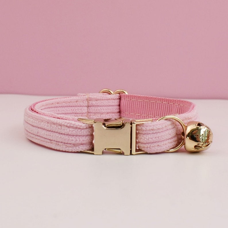 Personalised Corduroy Cat and Small Dog Collar Set with Bow Tie - Pink, White, Orange Free Engraved Name - Perfect Pet Gift