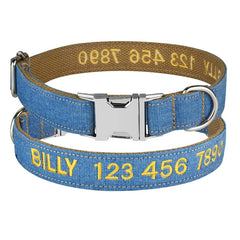 Personalized Embroidered Handmade Denim Dog Collar, Customizable with Name and Number, Optional Detachable Bowtie, Matching Leash Set