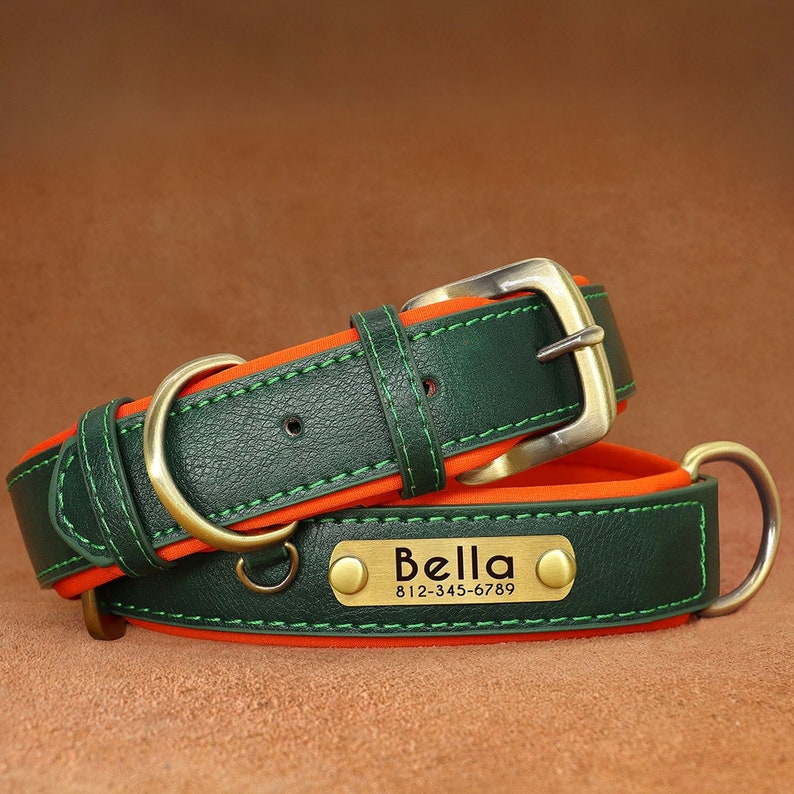 Personalised PU Leather Dog Collar Soft Padded Dog Collar with name plate