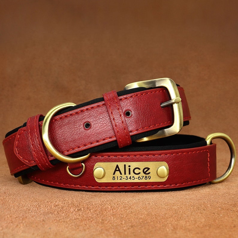 Personalized Engraved PU Leather Dog Collar Soft Padded Dog Collar with name plate, Matching Reflective Leash Available XS Collar Only Red