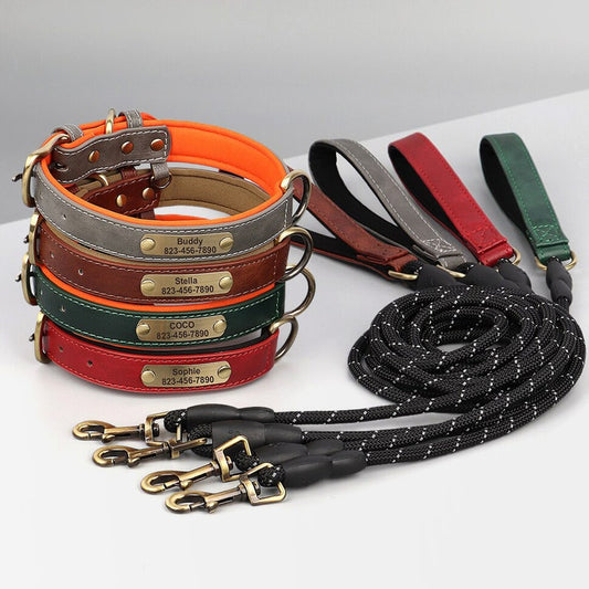 Personalised PU Leather Dog Collar Soft Padded Dog Collar with name plate