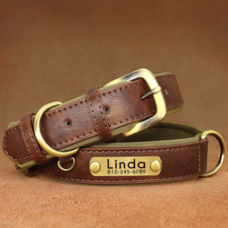 Personalised PU Leather Dog Collar Soft Padded Dog Collar with name plate
