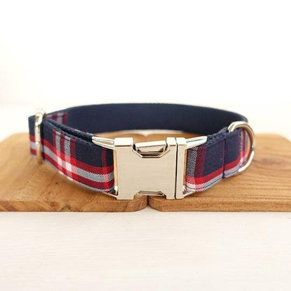 Personalised BLUE PLAID Dog Collar Set