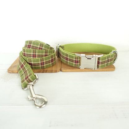 BRITISH Plaid Green Dog Collar Set