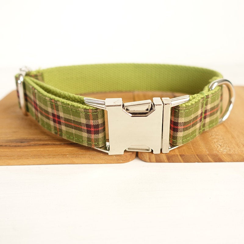 BRITISH Plaid Green Dog Collar Set