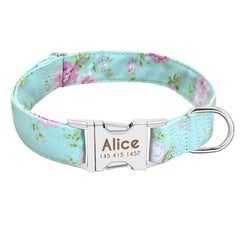 Blue Floral Engraved Dog Collar