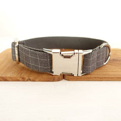 BLUE GREY PLAID Personalized Dog Collar Set