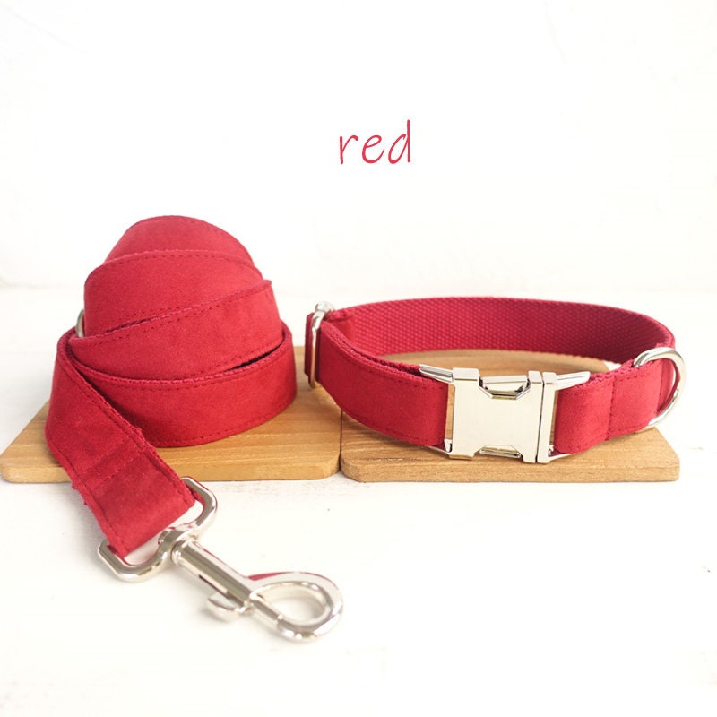 Personalised Solid Colour Velvet Dog Collar / Leash / Detachable Bowtie