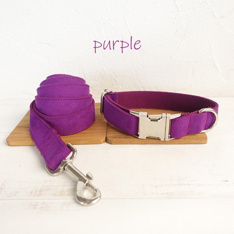Personalised Solid Colour Velvet Dog Collar / Leash / Detachable Bowtie