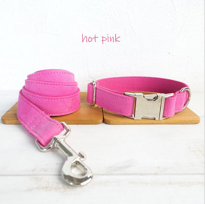 Personalised Solid Colour Velvet Dog Collar / Leash / Detachable Bowtie
